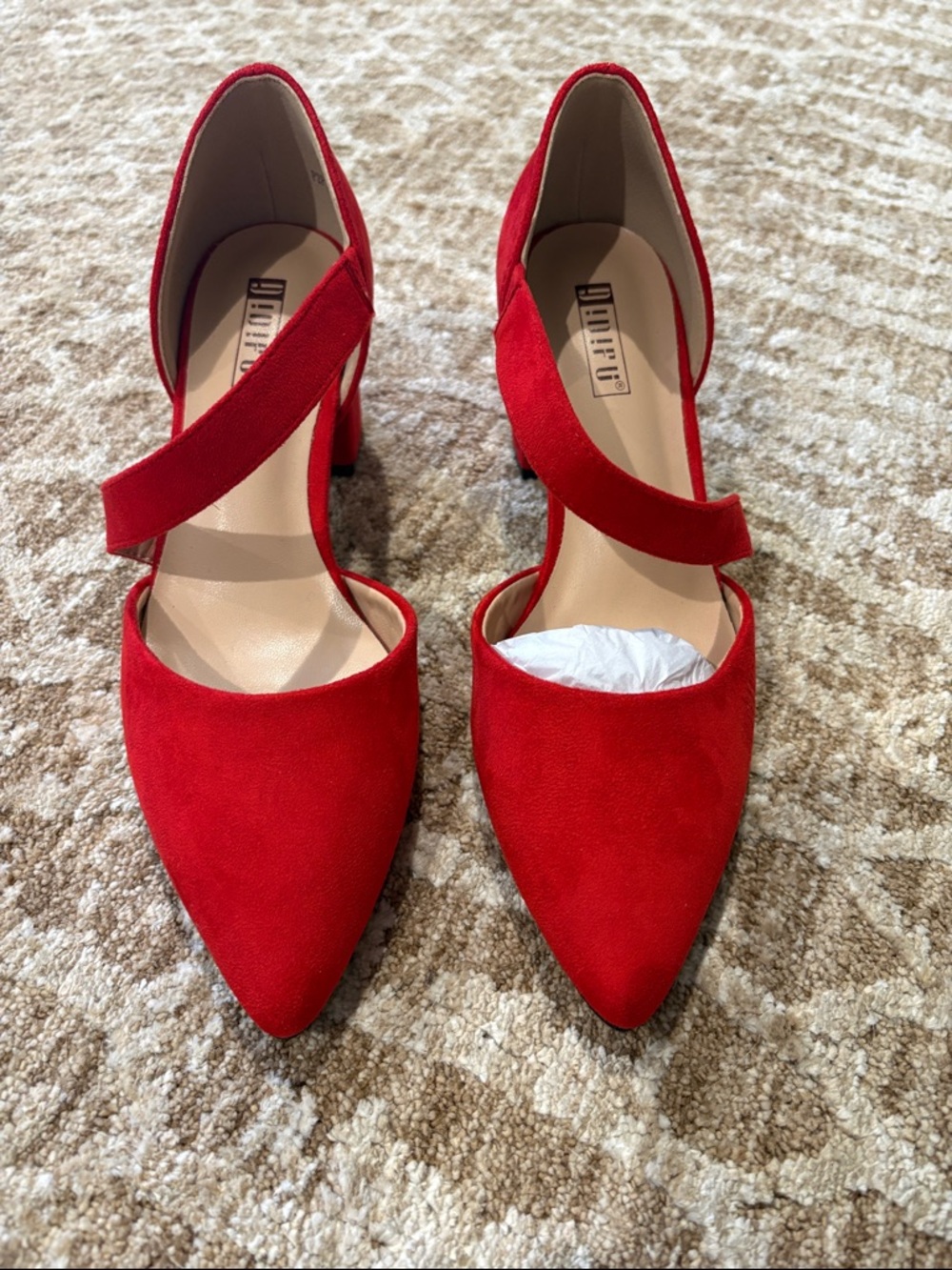 Red Suede Pointed Mary Jane Block Heels